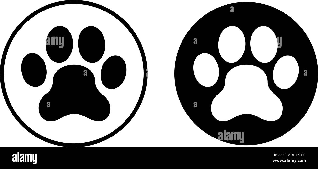 Set mit runden Formen der Hunde- oder Katzenpfoten. Hündchen- oder Kätzchen-Fußabdruck-Stempel isoliert auf weißem Hintergrund. Piktogramme für Tierklinik oder Tierhandlung. Aufkleber für Tierliebhaber. Vektorabbildung. Stock Vektor