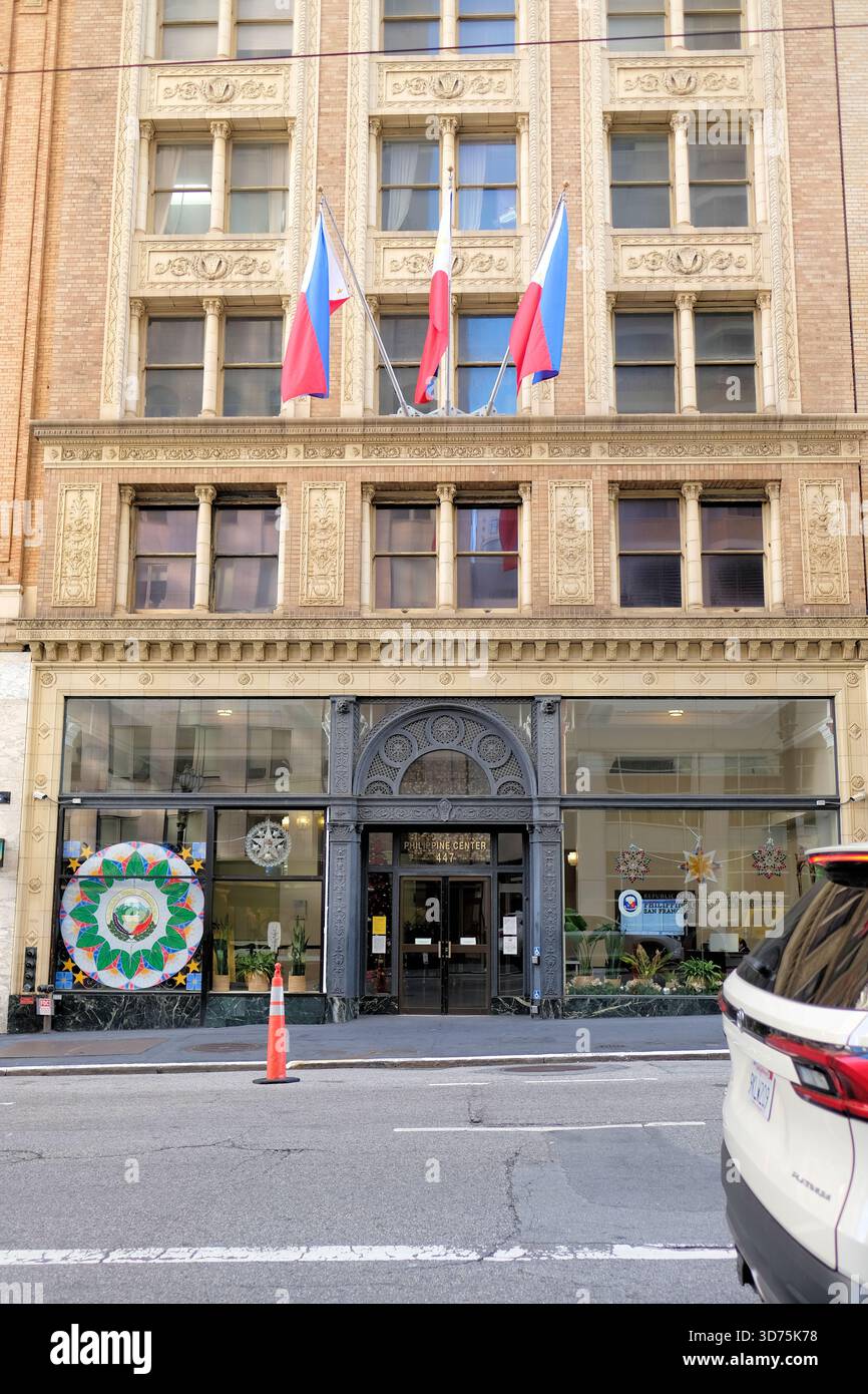 Das Philippine Center in der Sutter Street in der Nähe des Union Square in San Francisco, Kalifornien; Sitz des Generalkonsulats, Handel und Industrie, Tourismus. Stockfoto