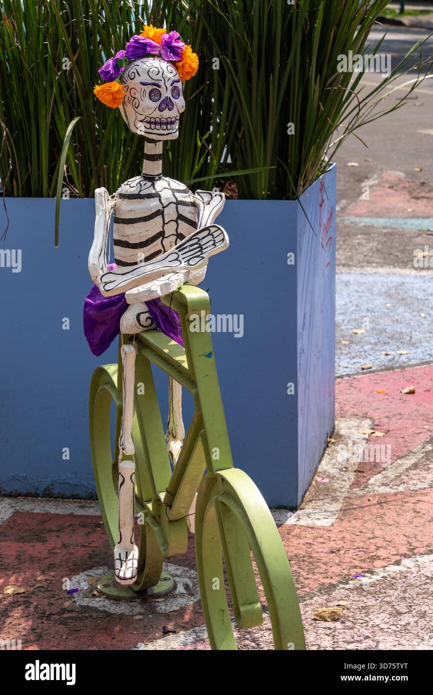 Ein Skelett sitzt auf einem Fahrrad. Das Skelett trägt einen lila Schal und ein Blumenhaarband. Mexikanischer Tag der Toten Tradition, Opfergaben, Essen, Stockfoto