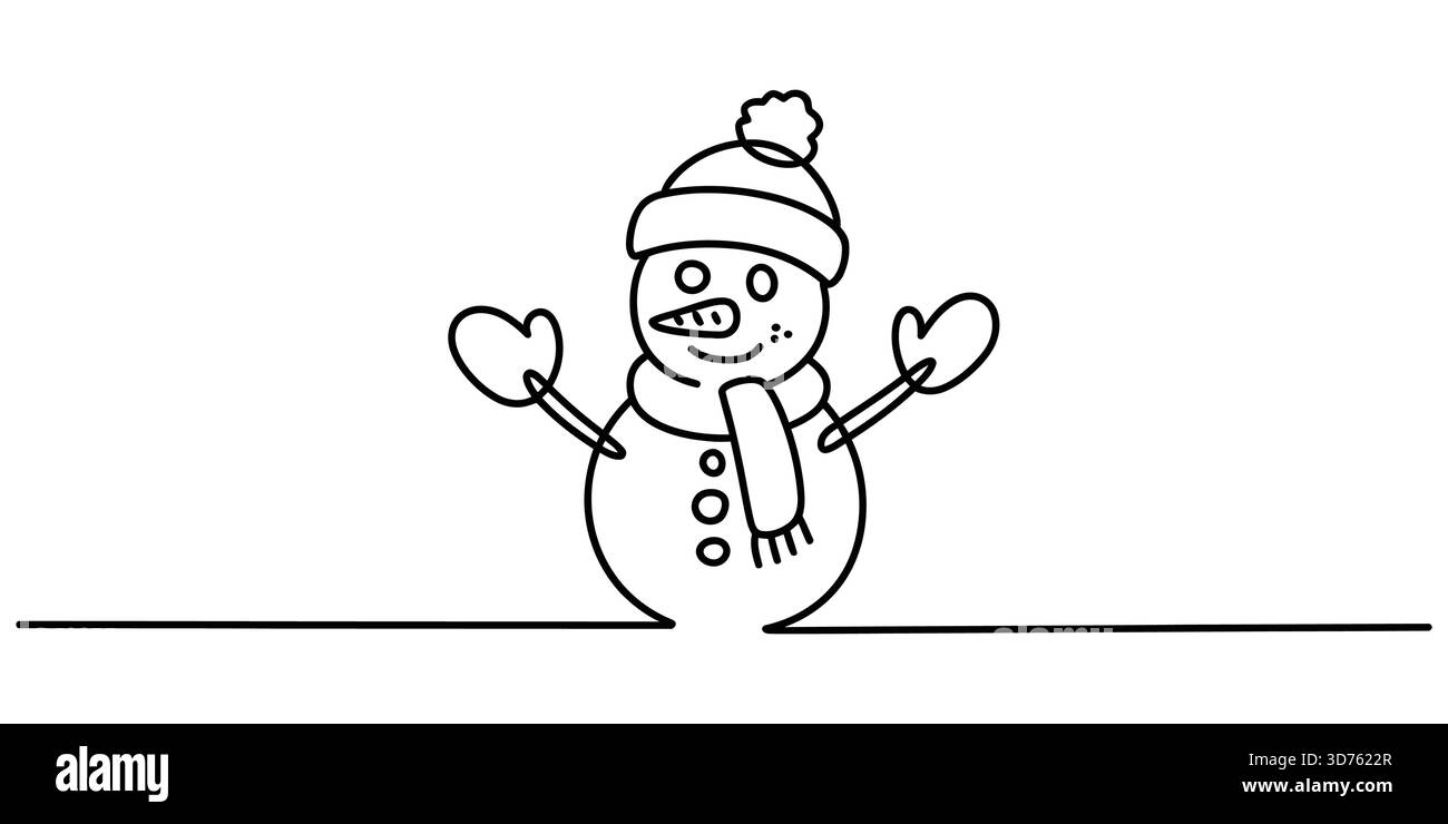 Durchgehende Linienkunst eines festlichen Schneemanns mit Winteraccessoires, ideal für Urlaubsdesigns. Stock Vektor