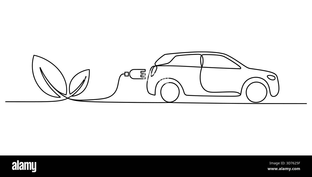 Die Aufladung von Elektroautos mit kontinuierlicher Linienart aus ökologischer Energiequelle Stock Vektor