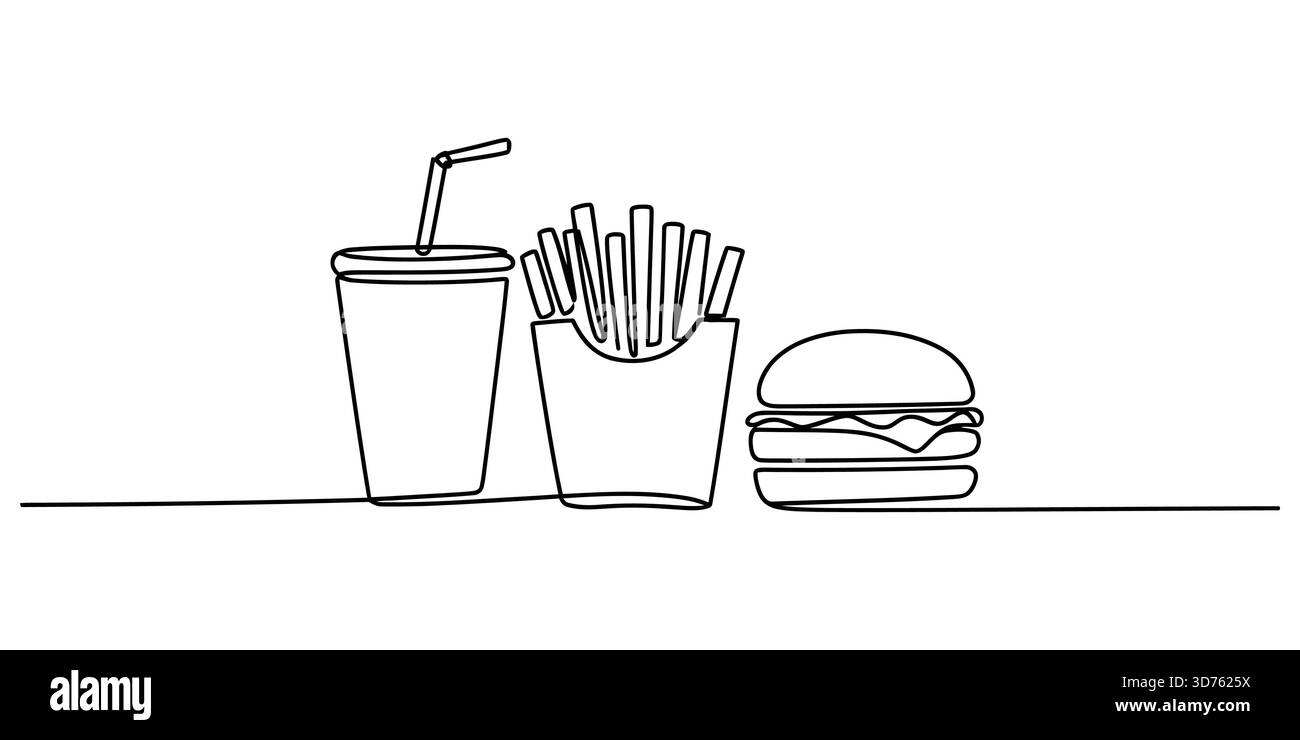 Kontinuierliche Strichzeichnung einer Fast-Food-Mahlzeit mit Limonade, Pommes und Burger Stock Vektor