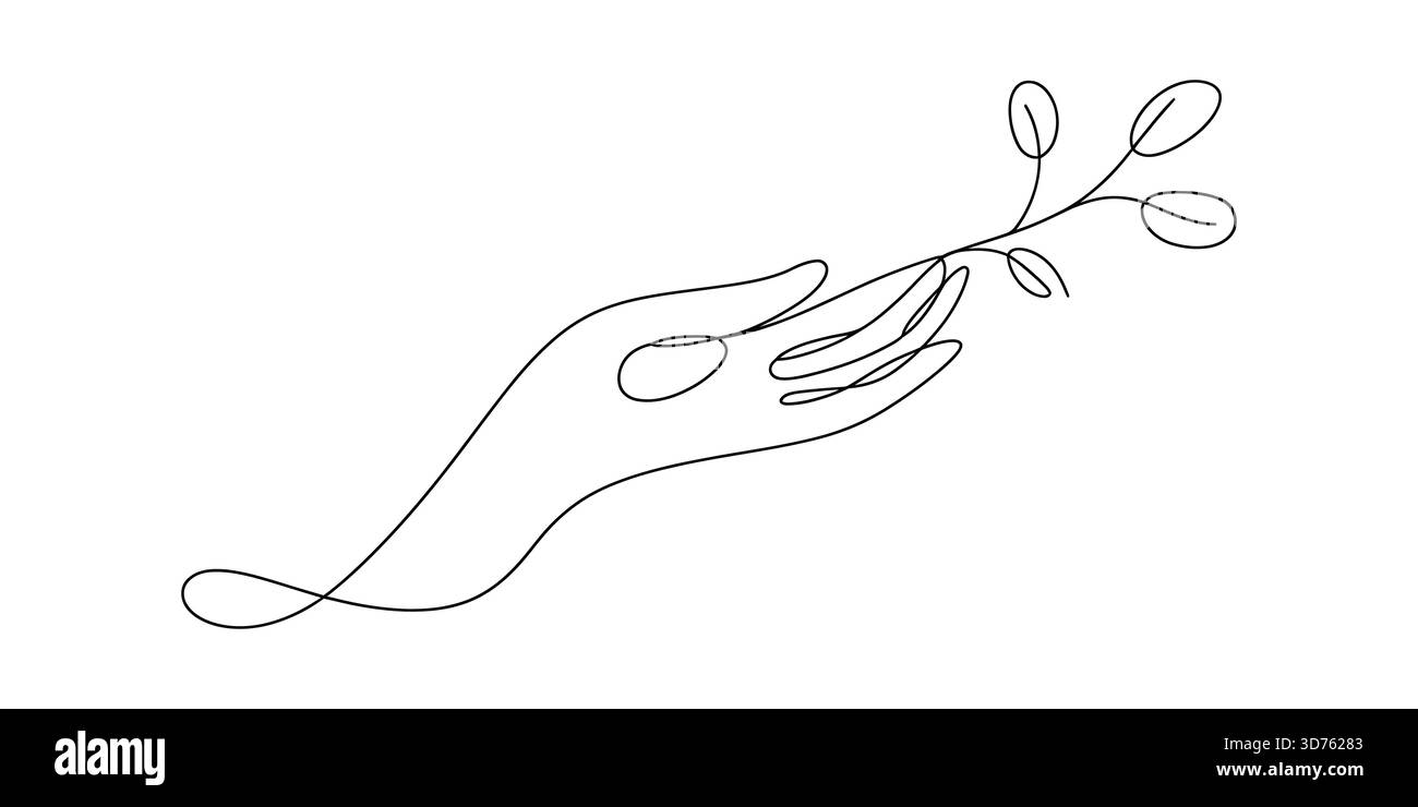 Minimalistische, durchgehende Linienkunst einer Hand, die einen zarten Blattzweig hält Stock Vektor