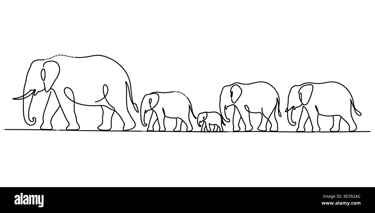 Minimalistische durchgehende Linienbilddarstellung einer Elefantenfamilie Stock Vektor