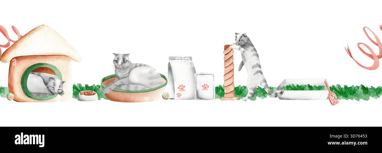 Ein nahtloser Aquarellrand mit Katzen, die an verschiedenen Aktivitäten teilnehmen, und deren Zubehör. Ein Haus, Bett, Essen, Katzenklo und Kratzbaum. Stockfoto
