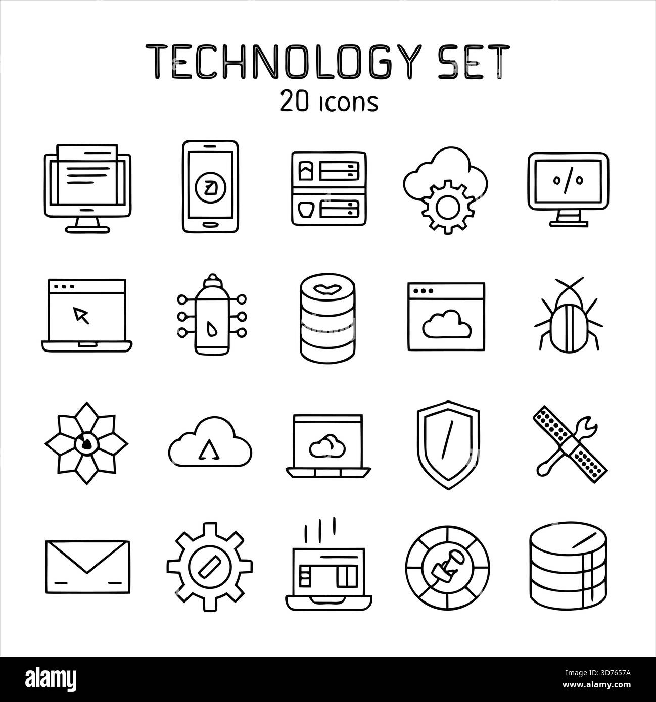 Minimalistisches Schwarz-weiß-Tech-Symbolset – Line-Art, UI-fähig, 20 Symbole für Cloud, KI, Sicherheit Stock Vektor