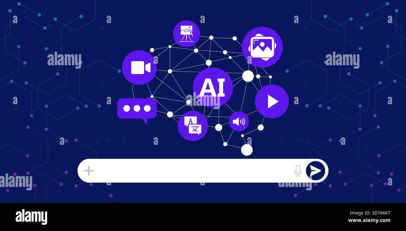 KI-generierende Kunst und Medieninhalte, Zukunft der Medien, KI-Verarbeitung von Videos, Bildern und Audio, KI-Technologie für Multimedia und digitale Kunst Stockfoto