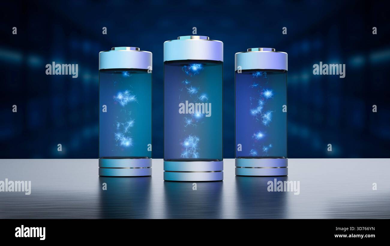 3D-Rendering-Gruppe zylindrischer Batterien mit Funken elektrischer Ladung im Inneren Stockfoto