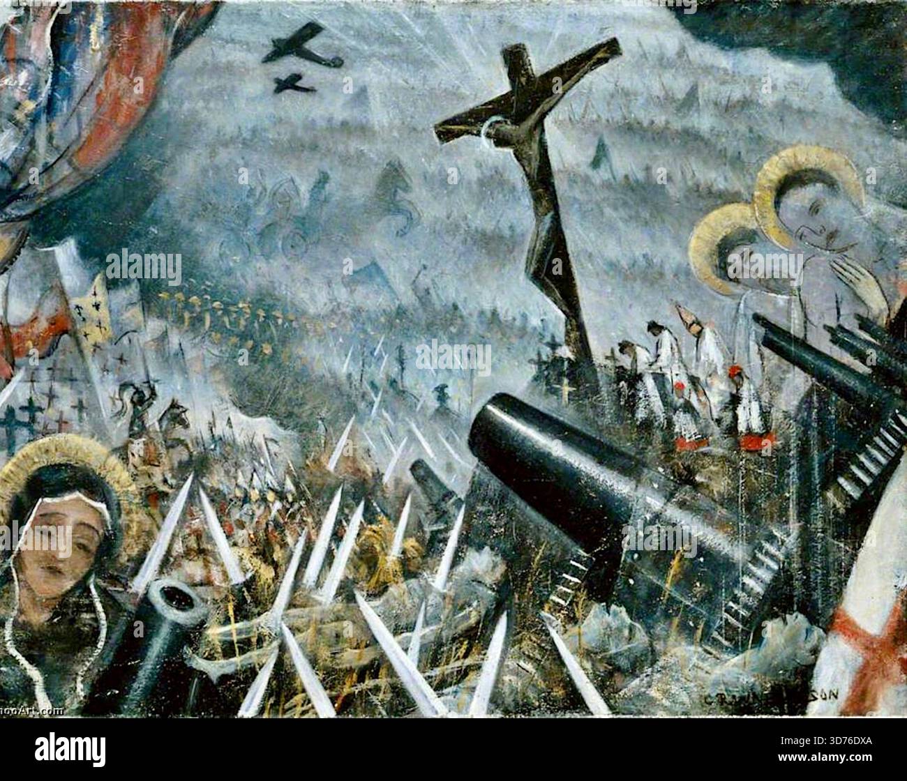 Christopher Nevinson - The Unendliche Cult of Human Opfers - 1934 - ein Ölgemälde, das die zyklische Natur der Kriegsführung durch die Geschichte kritisiert. Das Kunstwerk stellt religiöse Bilder, wie der Gekreuzigte Christus und die Jungfrau Maria, Szenen historischer Kampfhandlungen und moderner Waffen wie Kanonen und Kampfflugzeuge gegenüber. Der dynamische, fragmentierte Stil kombiniert Elemente des Futurismus und des Kubismus, um das Chaos und die Brutalität des Konflikts zu vermitteln. Stockfoto