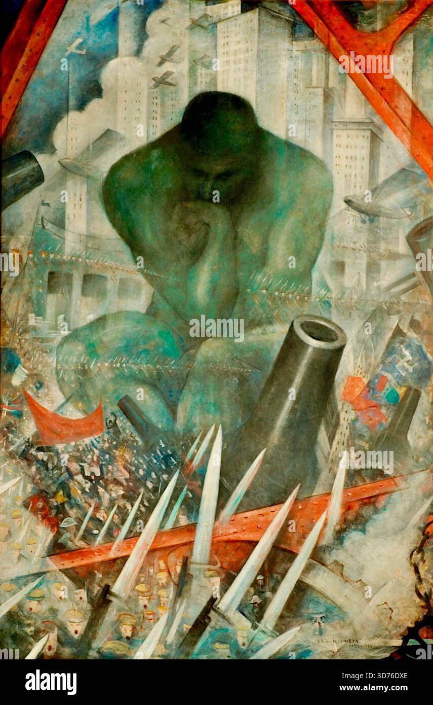 Christopher Nevinson – 20. Jahrhundert – ein Ölgemälde, das zwischen 1932 und 1935 entstanden ist. Es ist eine mächtige Kritik des Nationalsozialismus, des Faschismus und des Krieges im Stil der Moderne. Das Gemälde zeigt eine kolossale, gekrümmte, grüne Figur, die die Leinwand dominiert, umgeben von scharfen Bajonetten, Kanonen und einer beklemmenden Stadtlandschaft mit Flugzeugen, die über ihnen fliegen. Es symbolisiert die Enttäuschung und Angst des Künstlers vor modernen mechanisierten Konflikten nach dem Ersten Weltkrieg. Stockfoto