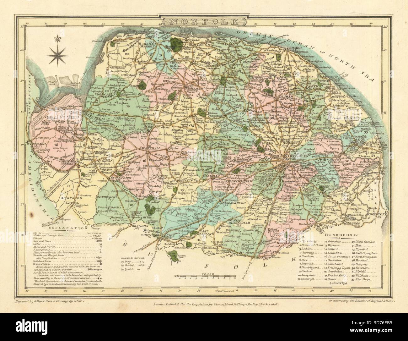 Antike handkolorierte Landkarte von Norfolk County von George Cole & John Roper 1810 Stockfoto
