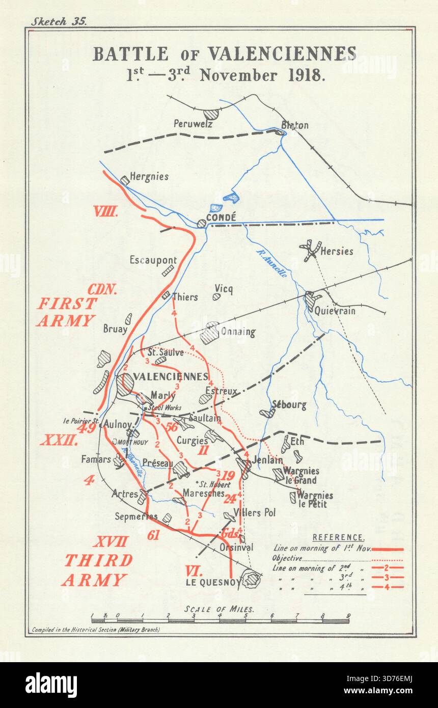 Schlacht von Valenciennes, 1.–3. November 1918. Erster Weltkrieg 1947 alte Karte Stockfoto