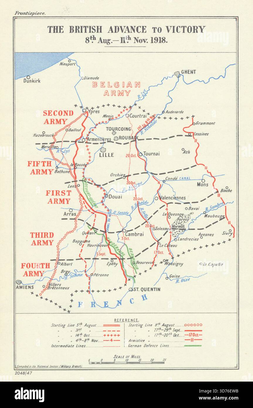 Hundert Tage. Der britische Vormarsch zum Sieg vom 8. August bis 11. November 1918. WW1 1947 Karte Stockfoto