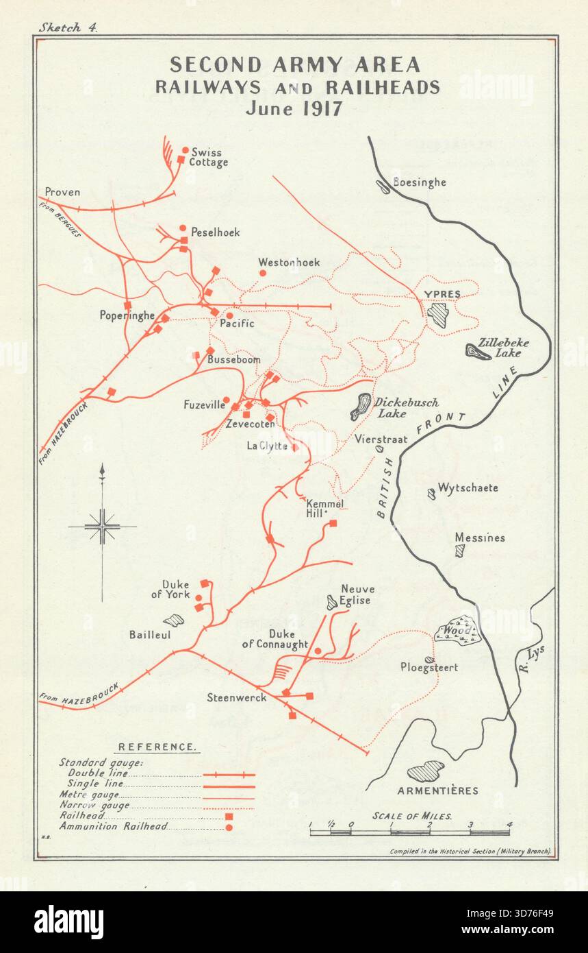 Schlacht der Messines. 2. Armeegebiet: Railways & Rail-Heads 1917. WW1 1948 Karte Stockfoto
