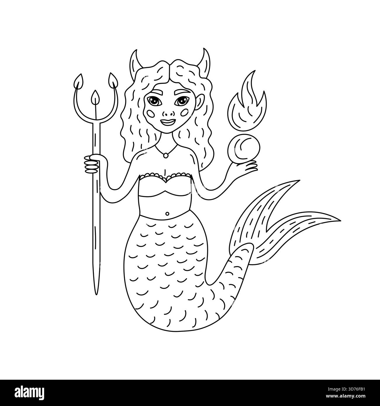 Schwarz-weißes Fantasy Meerjungfrau Mädchen mit Teufelshörnern, die Dreizack halten und magischen Feuerball, niedliche Doodle Line Art Charakter zum Ausmalen von Seiten, Tattoo, PR Stock Vektor