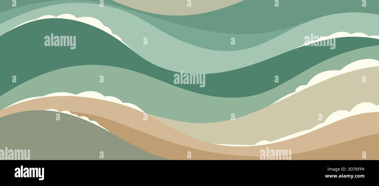 Abstrakter, welliger Hintergrund mit fließenden Schichten in Grün, Petrol und Beige. Von der Natur inspiriertes Vektordesign, das Meereswellen und sanfte Hügel ähnelt. Stock Vektor