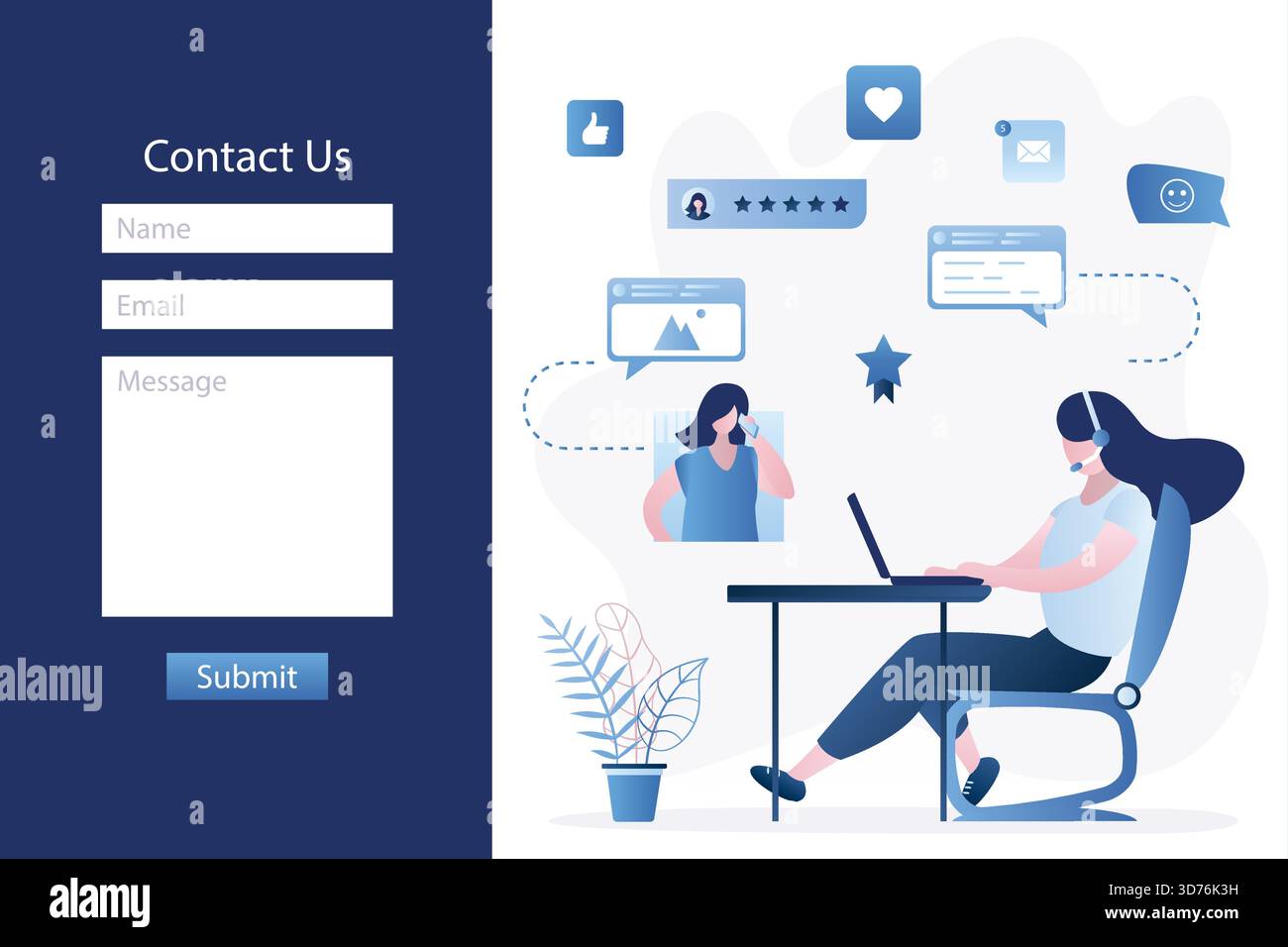 Kontaktformular-Vorlage. Online-Support-Startseite. Kundensupport-, Chat- und Helpdesk-Konzept. Beraterin oder Assistentin, die mit dem Kunden spricht. Stock Vektor
