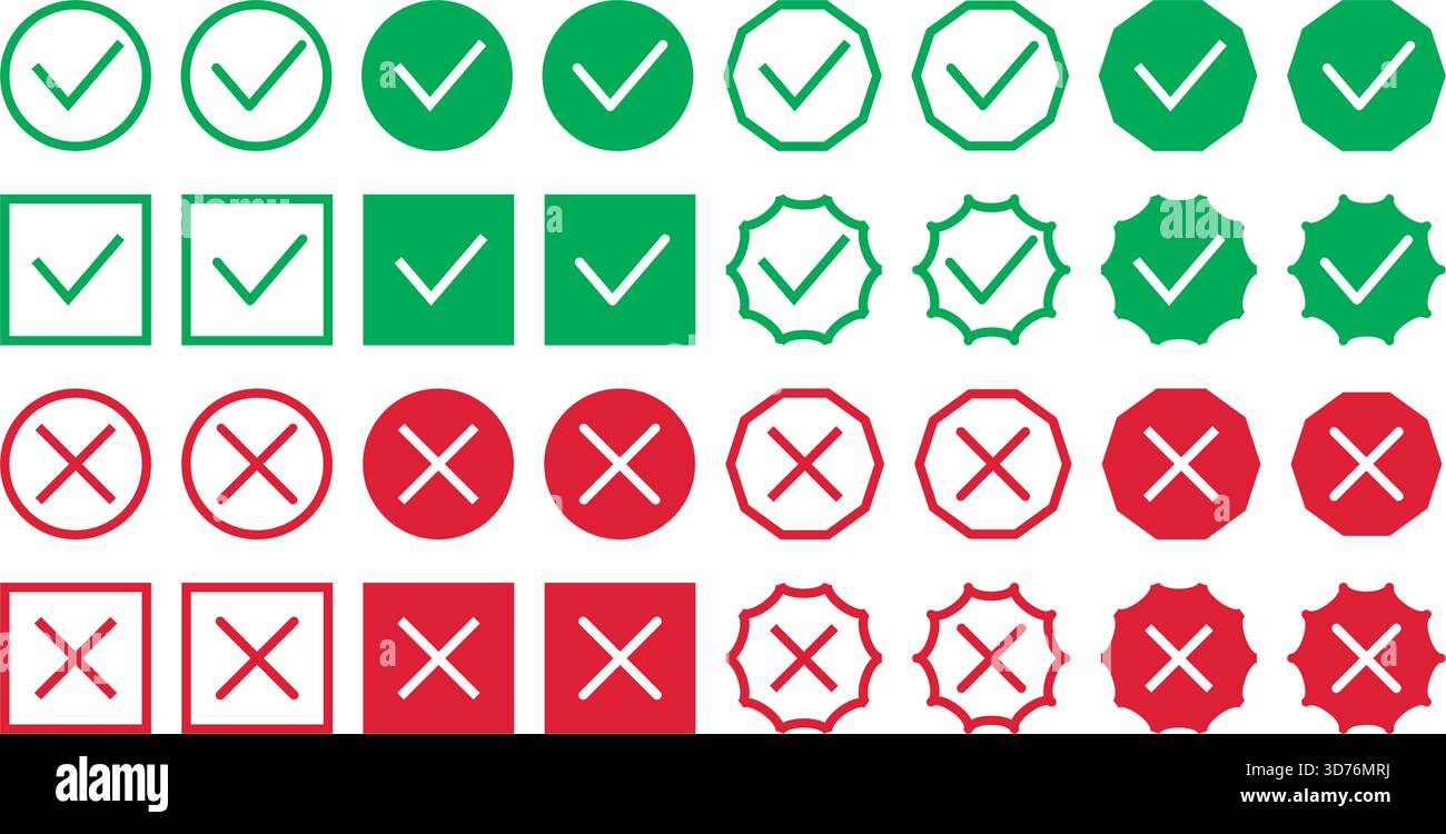 Satz von Kreuz- und Häkchen-Symbolen für die Auswahl von Abstimmungen oder Antworten. Verschiedene Symbole für Untersuchungen, Tests und Fragebögen in Rot und Grün. Universell Stock Vektor