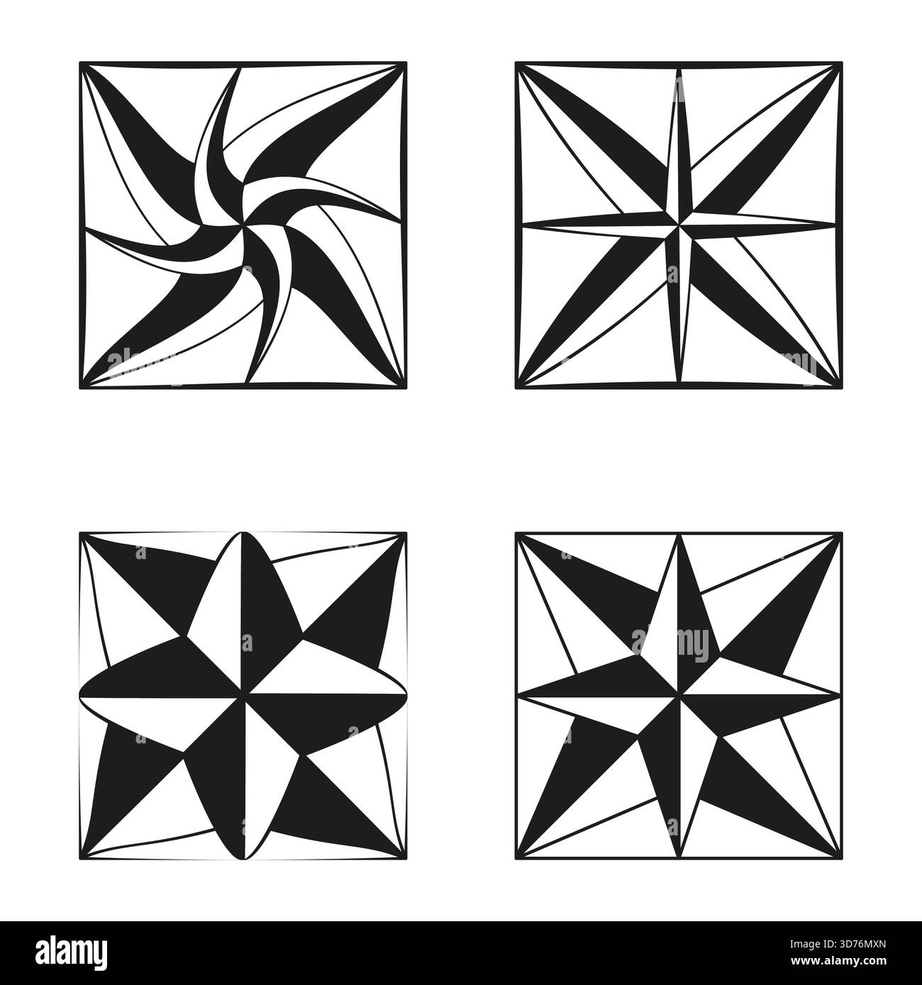 Kompass-Rosenelemente. Abstrakte Sternmuster. Vektorsatz mit quadratischem Rahmen. Schwarz-weiße Grafik. EPS 10. Stock Vektor