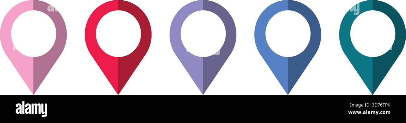 Bunte Positionssymbole – GPS-Kartenmarkierungen, Navigationszeiger und Geolokationssymbole für Reisen, Karten, Routen und mobile Apps Stock Vektor