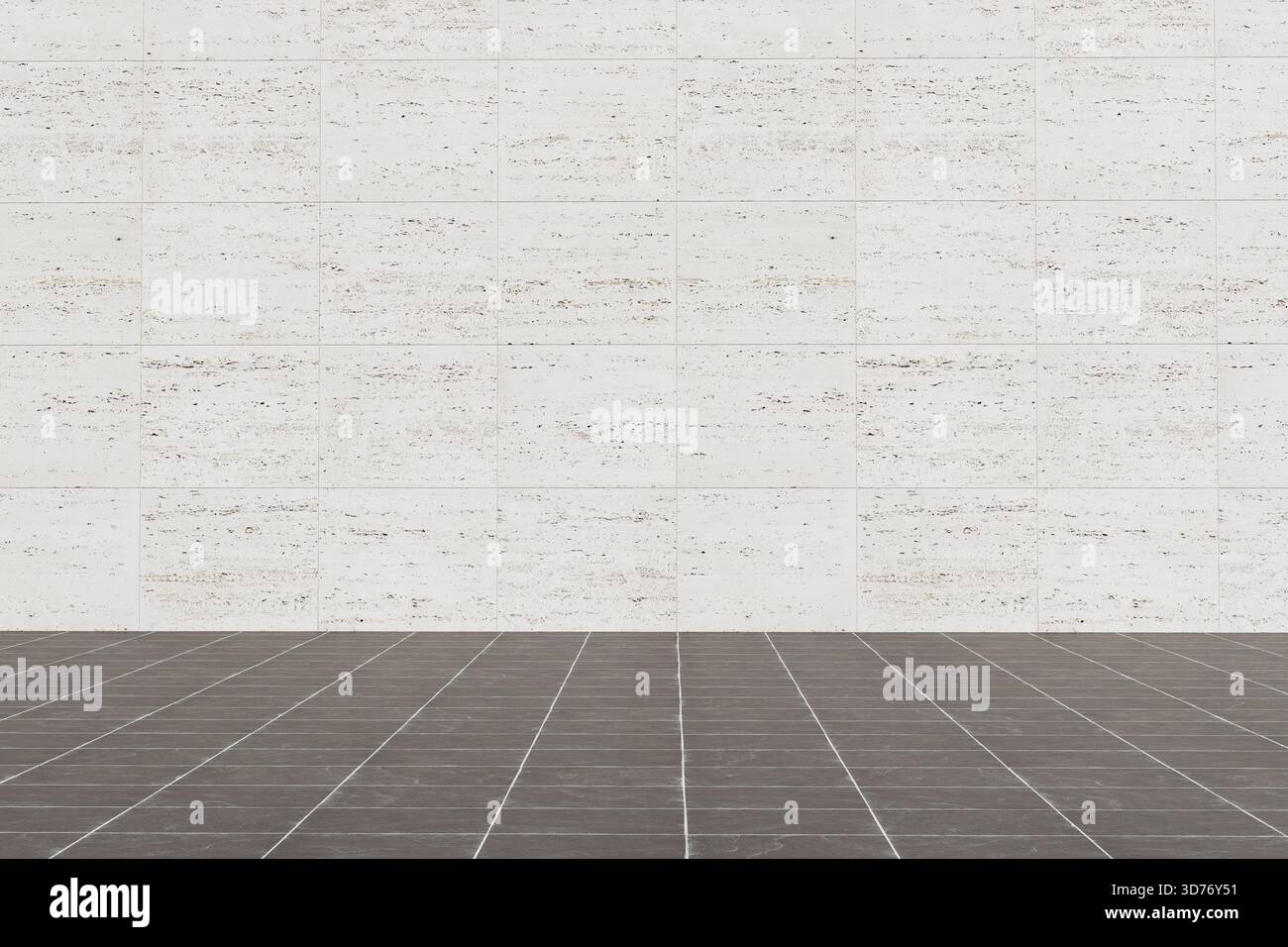 Minimaler Leerraum mit weißer Wand und dunklem Fliesenboden. Hochwertige Fotos Stockfoto