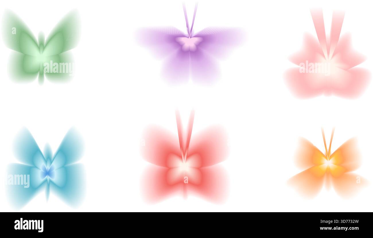 Farbenfrohe y2k-Schmetterlingssymbole mit Farbverlauf und lebendigem Aura-Effekt. Rosafarbene, grüne und lila Insektensymbole für Sommer-Design. Vektorsatz von Minim Stock Vektor