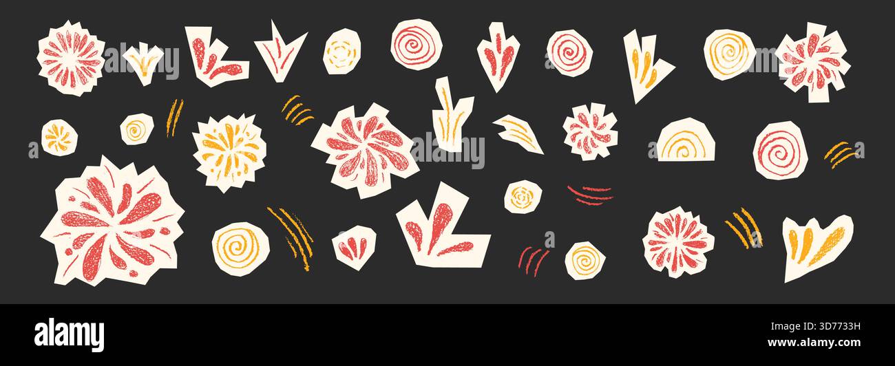 Farbenfroher Feuerwerk-Aufkleber. Collage-Papierstücke mit handgezeichneten Sternen, Konfetti-Bursts und verspielten Doodle-Elementen. Lebendiges Muster, perfekt für fest Stock Vektor