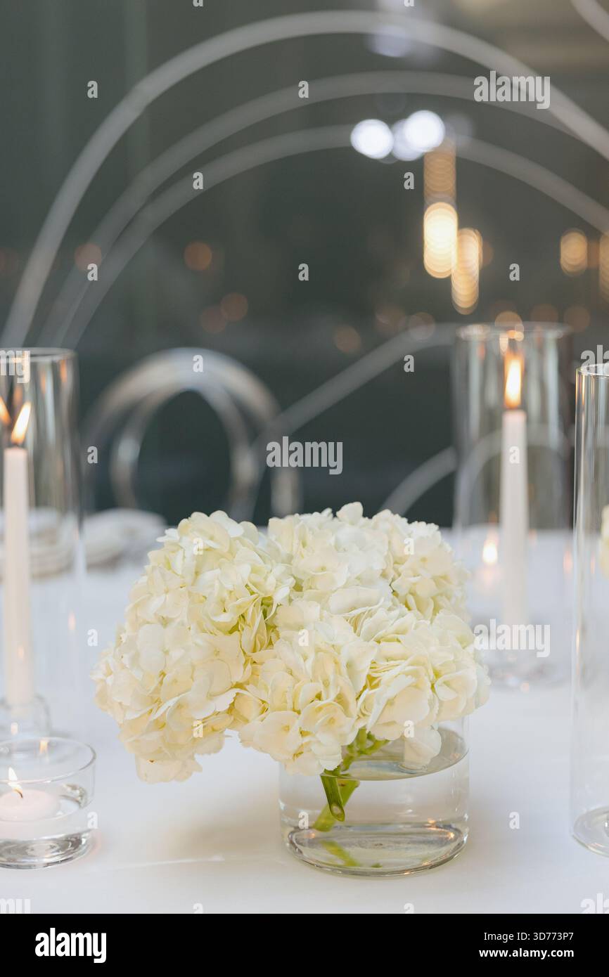 Zarte weiße Blumen sitzen anmutig in einer klaren Vase, umgeben von leuchtenden Kerzen, die eine friedliche Atmosphäre für eine intime Mahlzeit schaffen. Stockfoto