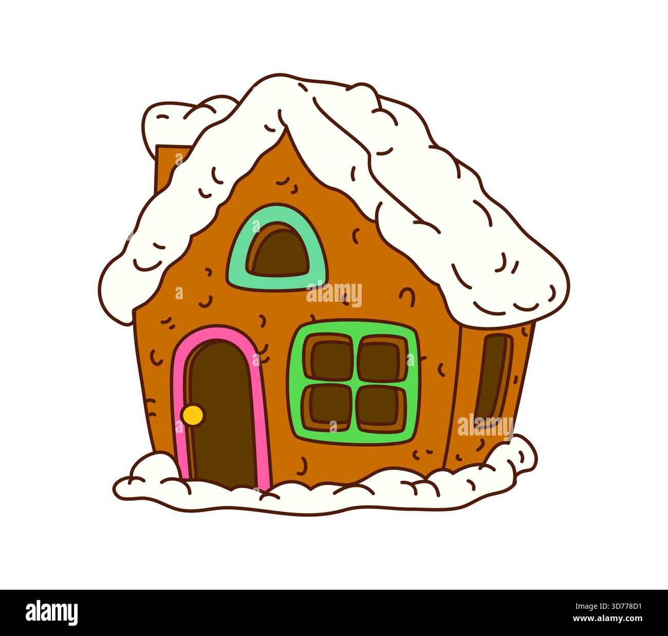 Grooviger Lebkuchenhauskeks mit Glasur an Tür und Fenster. Weihnachtsstimmung im Retro-Stil mit flippigem Cartoon-Marshmallow-Schnee. Lustiger Winter swe Stock Vektor