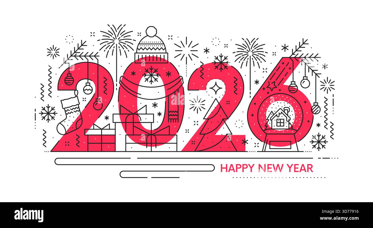 2026 Grußkarte mit „Happy New Year“-Design. Vektor 2026 Zahlen dekoriert mit Winterfeuerwerk, Schneeflocken, Weihnachtsschmuck, Geschenkbox und sno Stock Vektor