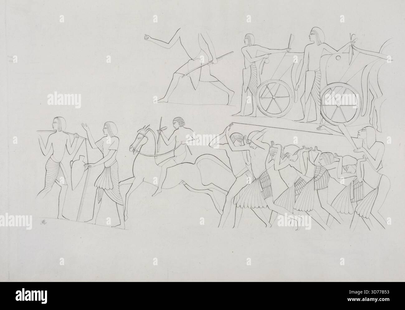 Die Militärformation war in verschiedenen Aktivitäten tätig, insbesondere mit einem ausländischen Ritter. Gegründet zwischen 1832 und 1844 von Giuseppe Angelelli, Gaetano Rosellini und Salvador Cherubini. Das Werk bezieht sich auf Antiquitäten aus Ägypten und Nubien und zeigt Waffen und Bewaffnung, Basreliefs, Kavallerie, Wagen und ägyptische Soldaten. Die Lithografie stammt aus Pisa Stockfoto