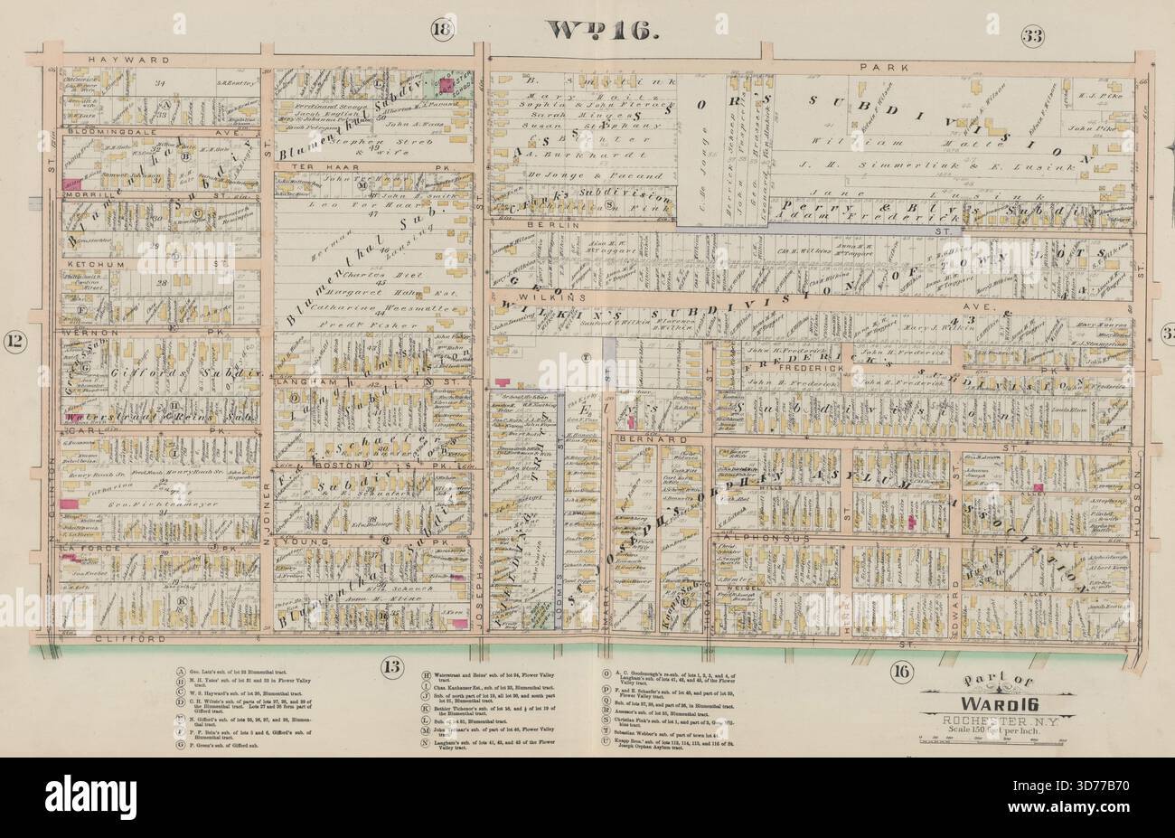Karte Rochester, Doppelseite Nr. 17, begrenzt durch Hayward Park, Hudson St., Clifford St. und N. Clinton St., herausgegeben 1888 von E. Robinson, Rochester, New York. Konzentriert sich auf Immobilien in Rochester, New York Stockfoto
