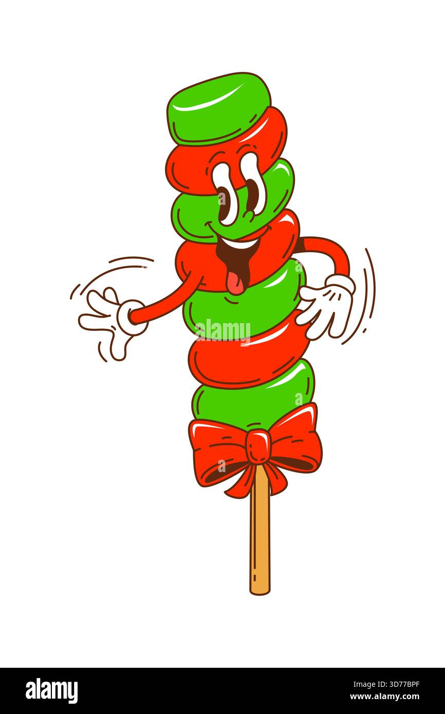 Groovige Weihnachts-Marshmallow-Bonbons am Stock mit rotem und grünem Spiralmuster und festlicher Schleife. Funky Vektor süße Leckerei mit fröhlich lächelndem Gesicht und Stock Vektor