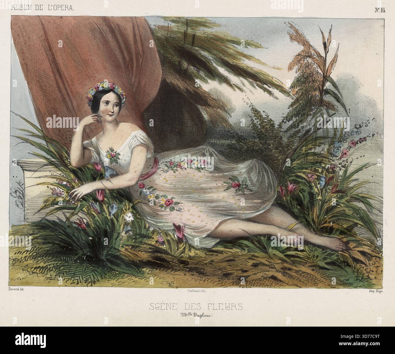 Scène des Fleurs Mlle. Taglioni wurde 1845 von Achille Devéria gegründet und von Augustin Challamel in Paris veröffentlicht. Die Lithographie misst 22 x 29 cm und ist mit der choreografischen Arbeit von Marie Taglioni assoziiert Stockfoto