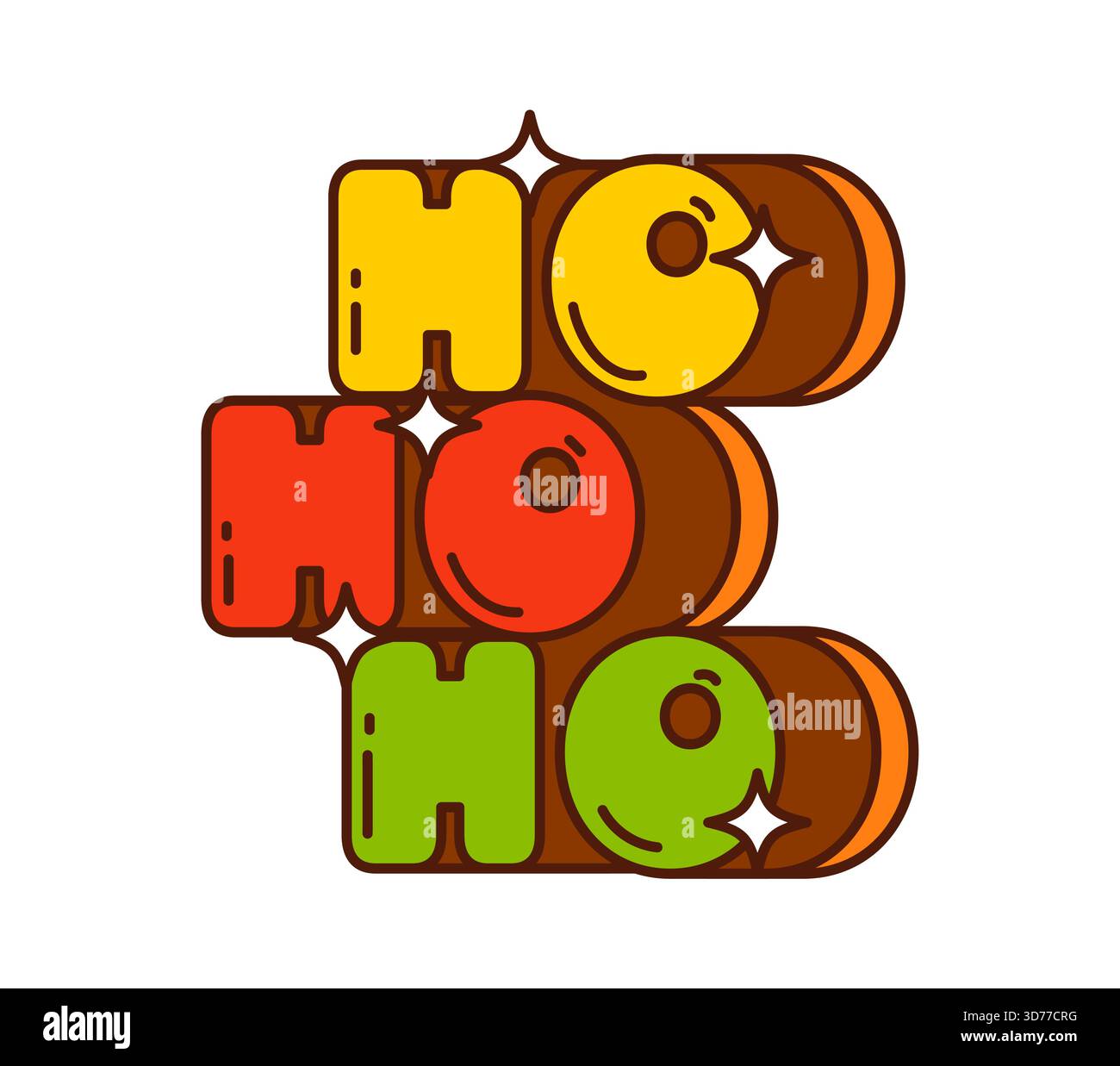 Grooviges Ho ho ho Weihnachtszitat in flippigen gelben, roten und grünen Buchstaben mit Retro-Vibe der 70er Jahre. Vektorpsychedelische Typographie mit Glanzeffekten für festi Stock Vektor