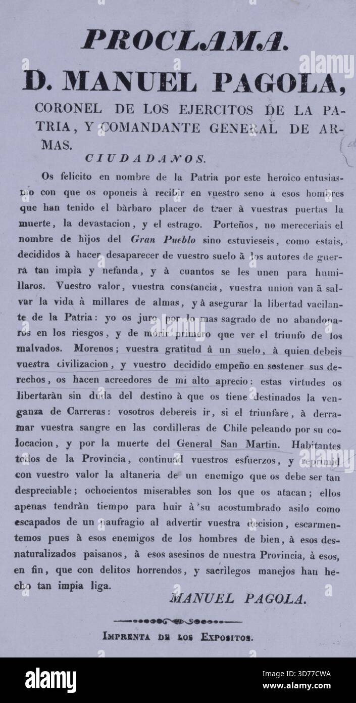Proklamation von Manuel Pagola, Oberst der Armeen des Landes und General Commander of the Armed Forces, 1820–1839. Schwarze, Geschichte, Lateinamerika, soziale Bedingungen, Sklaverei, Sklaven, versklavte Menschen, Buenos Aires (Argentinien Stockfoto