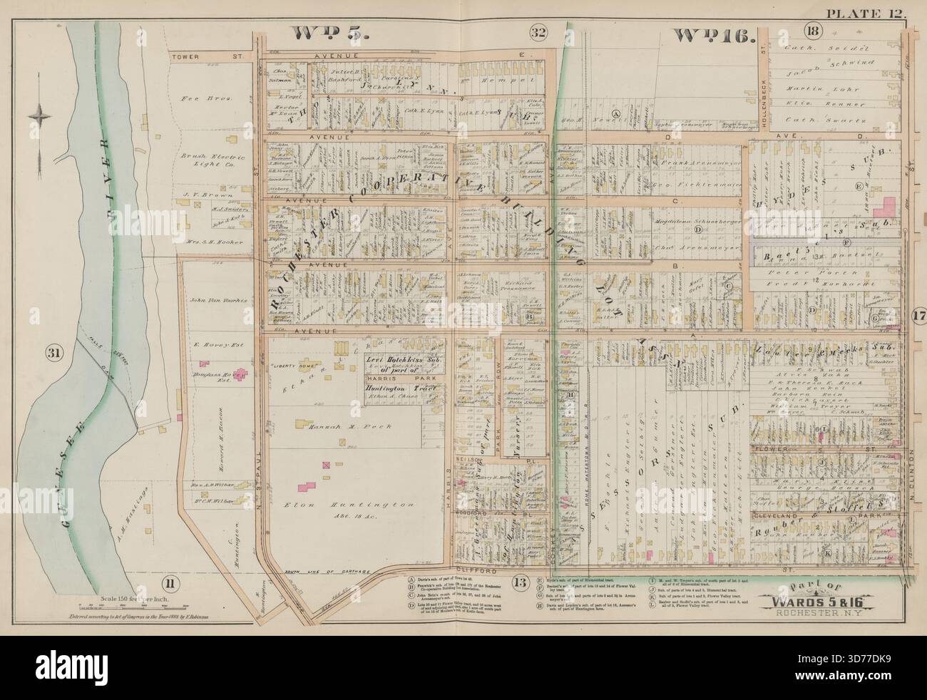 Rochester, Double Page Plate No. 12 Map Bounded by Avenue E., N. Clinton St., Clifford St., and the Genesee River, herausgegeben 1888 von E. Robinson., Rochester, New York. Immobilien, Bundesstaat New York Stockfoto