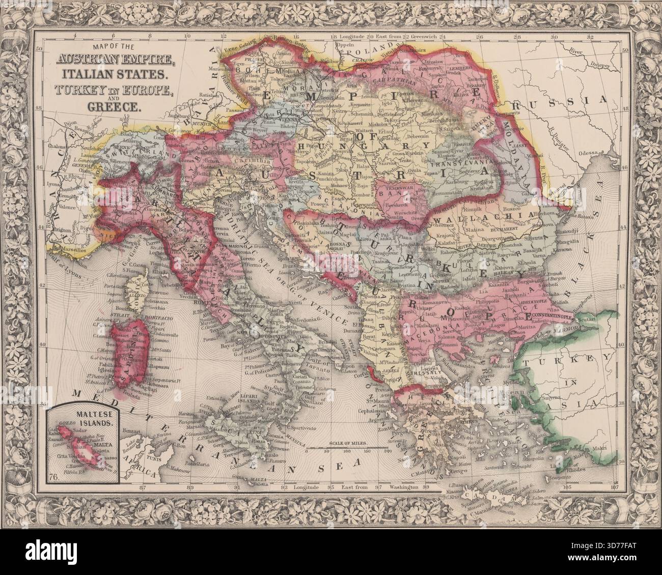 Karte des Österreichischen Reiches, der italienischen Staaten, der Türkei in Europa und Griechenlands mit einem Einschnitt der maltesischen Inseln. Herausgegeben 1863 von S. A. Mitchell Jr. in Philadelphia Stockfoto