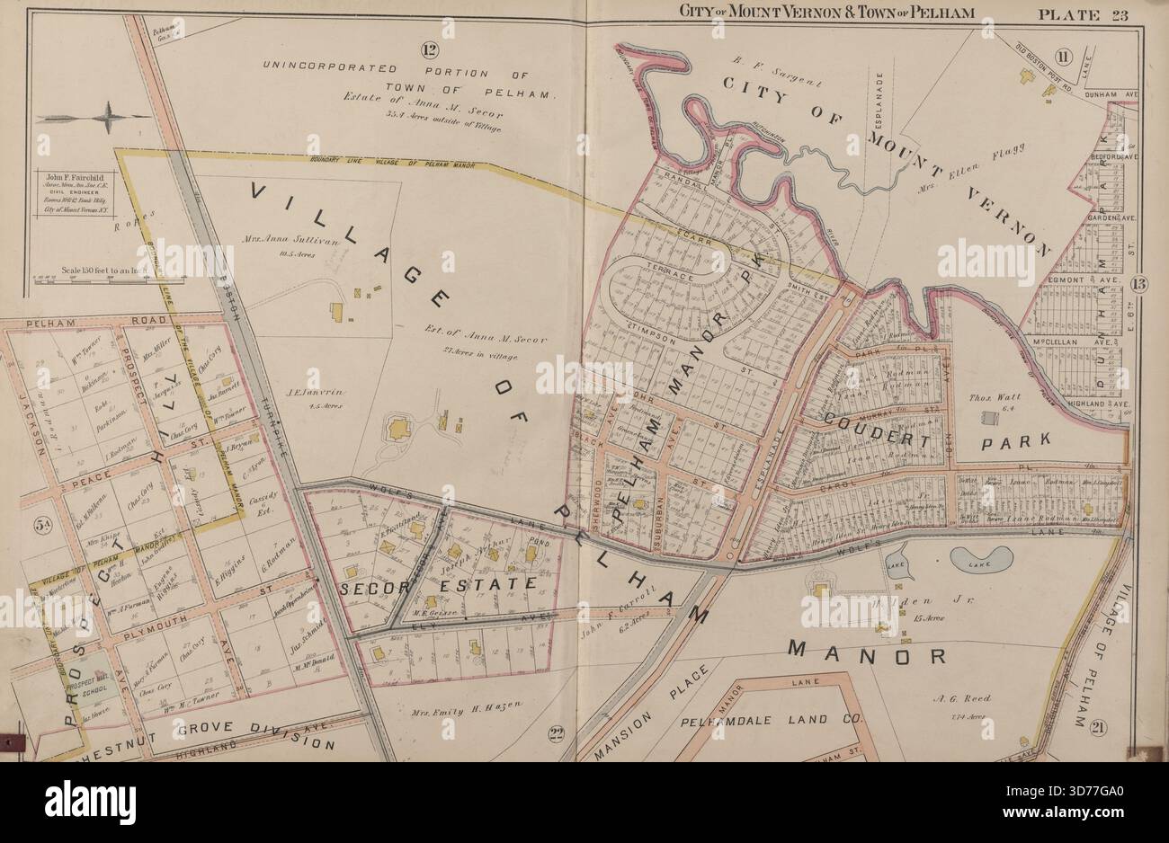 Mount Vernon, Double Page Plate No. 23 Karte begrenzt durch Old Boston Post Rd., Dunham Ave., E. 6th St., Highland Ave., Jackson Ave., 1899, Mount Vernon, New York, Herausgeber, Fairchild, John F., Immobilien, New York (Bundesstaat), Mount Vernon, Mount Vernon (Westchester County, N.Y.), Pelham (Stadt), Pelham (N.Y.) Stockfoto