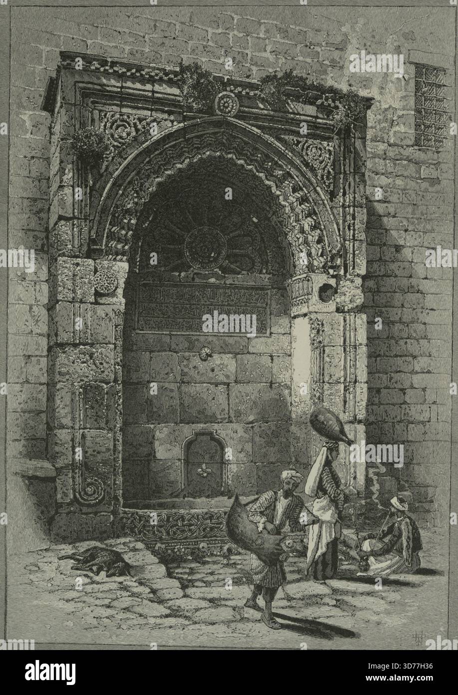 Brunnen des Tores der Kette - Bab es Silsileh, versorgt mit Wasser aus Salomons Becken, die zwischen 1881 und 1884 von John Douglas Woodward (1846–1924) geschaffen wurden. Diese architektonische Illustration, veröffentlicht von D. Appleton in New York, zeigt Elemente des städtischen Lebens in Jerusalem, wobei der Schwerpunkt auf dem Brunnen und seiner Wasserversorgung liegt. Die Abmessungen des Bildes sind 23,5 x 16,5 cm Stockfoto