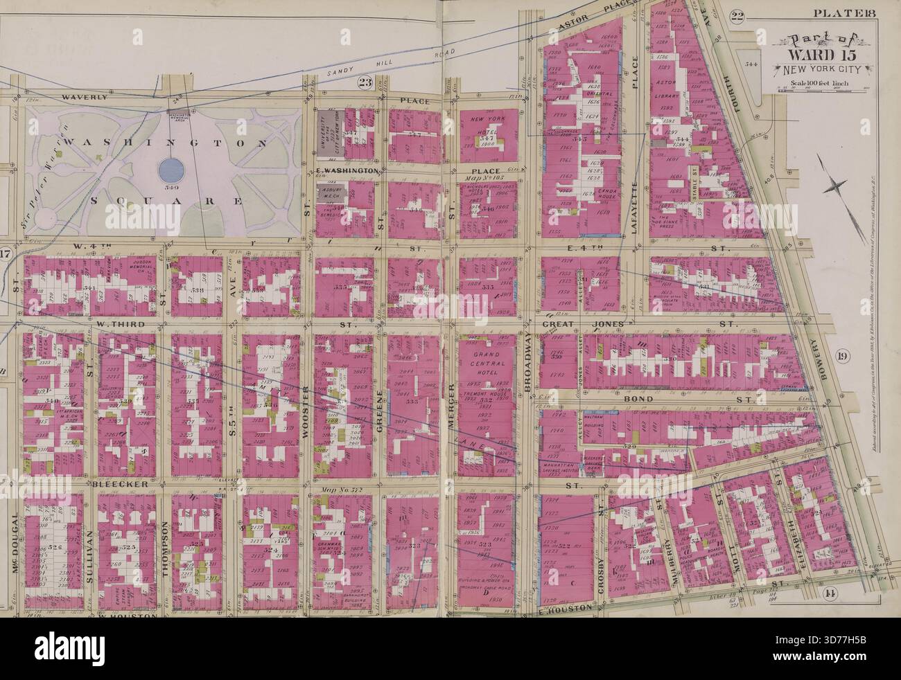 Karte 18 begrenzt durch Waverly Place, Astor Place, Bowery, 4th Ave., E. Houston St., W. Houston St., Mac Dougal St., 1893, New York, Verlag, E. Robinson Co., New York (N.Y Stockfoto