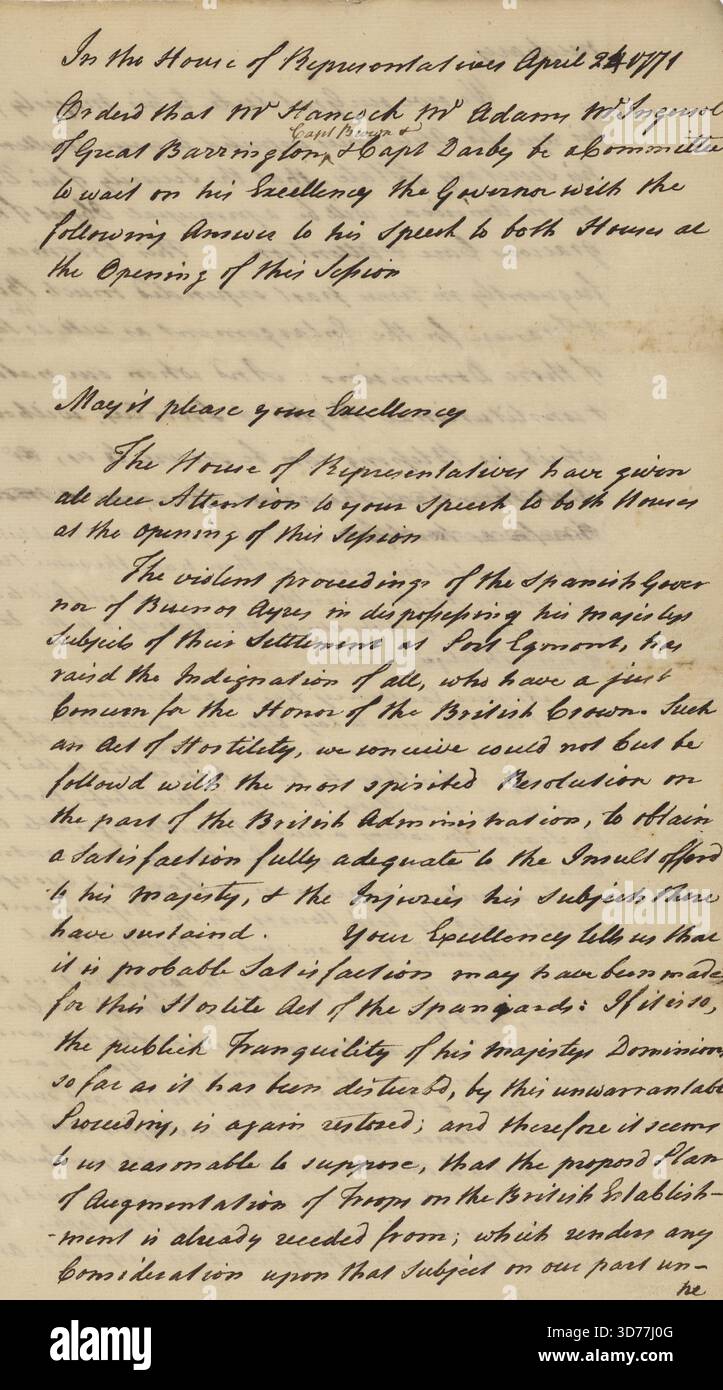 Antwort auf die Rede des Gouverneurs von Massachusetts zur Eröffnung einer Sitzung des Repräsentantenhauses, 24. April 1771 Stockfoto