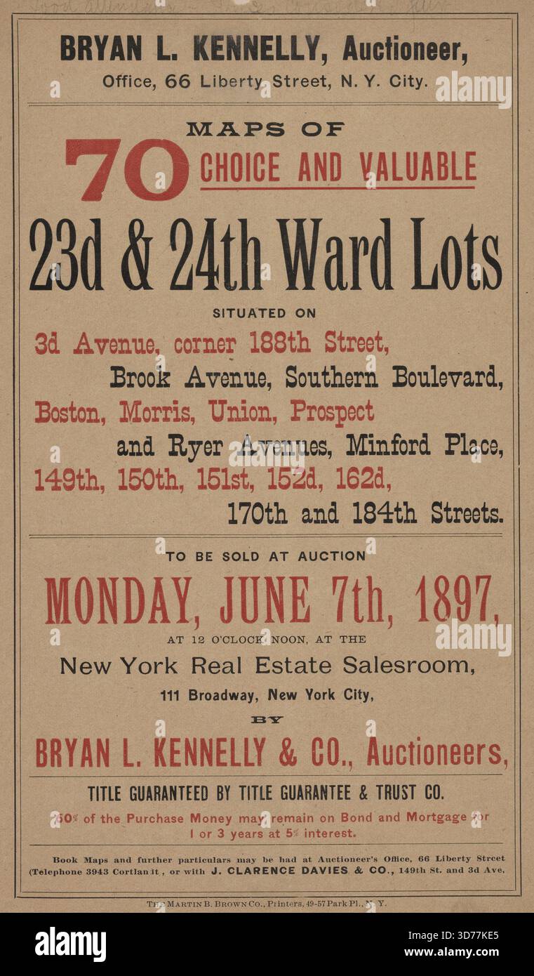 Karten von 70 ausgewählten und wertvollen Grundstücken des 23d & 24th Ward an der 3d Avenue, Ecke 188th Street, Brook Avenue, Southern Boulevard, Boston, Morris, Union, Prospect und Ryer Avenues, Minford Place, 149., 150., 151., 152d, 162d, 170th und 184th Street. Zur Auktion, 07.06.1897 Stockfoto