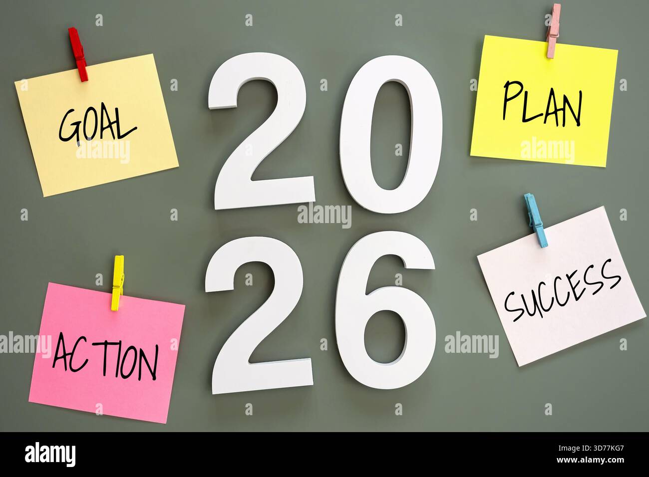 4 Büroklammer auf einer grünen Tafel mit der Nummer 2026 in der Mitte und dem Wort „Ziel, Plan, Aktion, Erfolg“. Zielkonzept für Neujahr Stockfoto