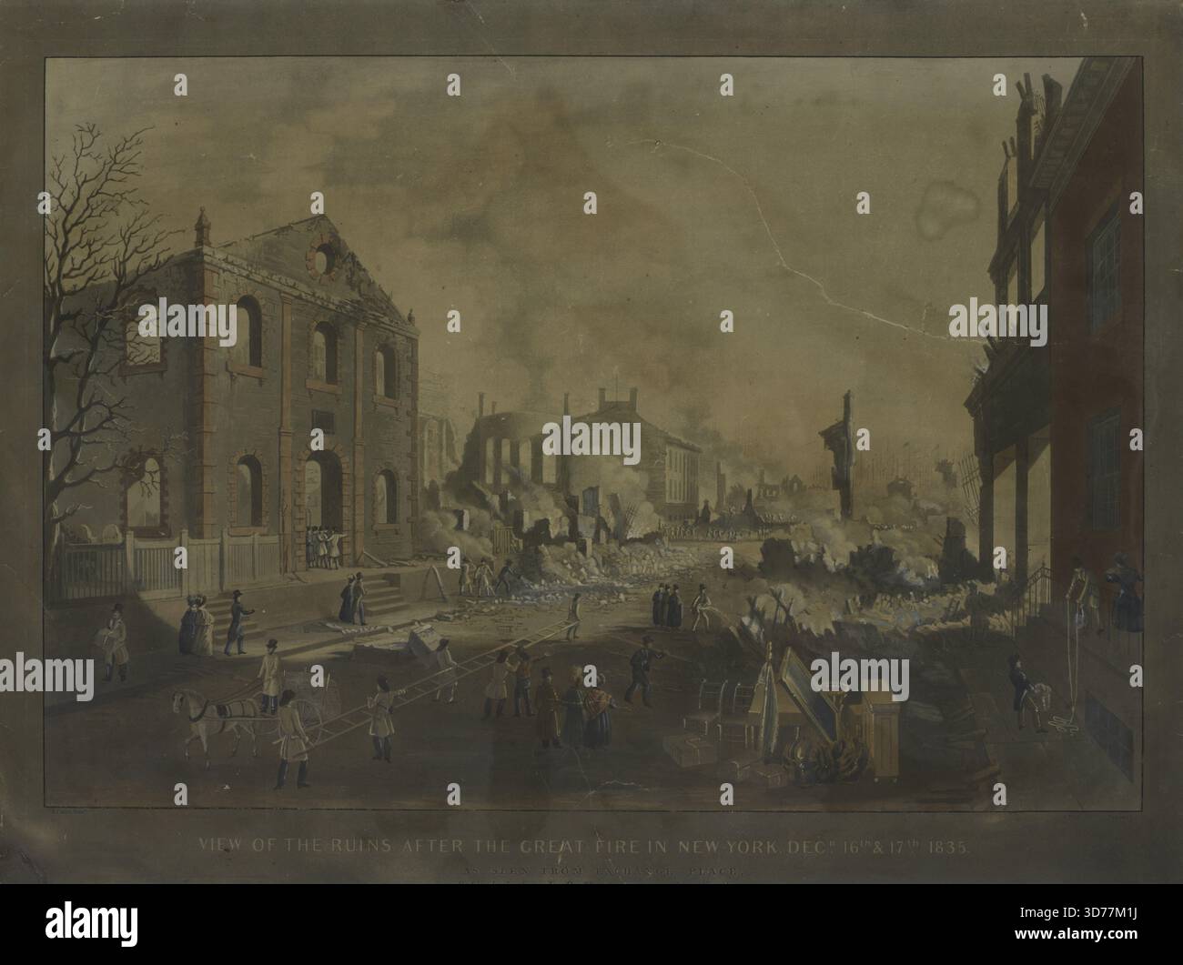Blick auf die Ruinen nach dem großen Feuer in New York, 16. Und 17. Dezember 1835, vom Exchange Place aus gesehen. Dieser handkolorierte Aquatint-Druck wurde von Lewis Peter Clover und Nicolino Calyo entworfen und stammt von etwa 1890 bis 1899. Die Abmessungen des Ausdrucks betragen 50,5 x 65,5 cm Stockfoto