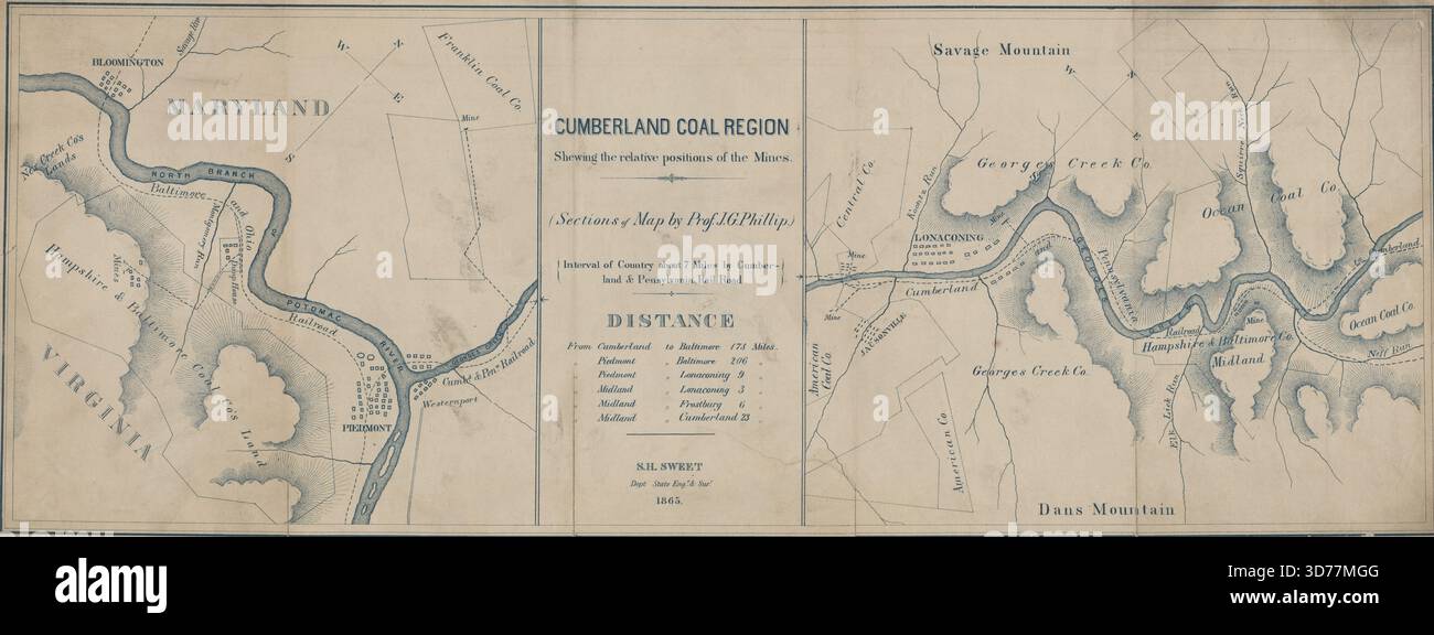 Eine Karte der Kohleregion Cumberland aus dem Jahr 1865, herausgegeben vom New York State Engineer and Surveyor. Die Karte zeigt die relativen Positionen der Kohleminen in Allegany County, Maryland, und misst 20 x 25 cm oder kleiner, gedruckt auf einem größeren Blatt mit einer Größe von 20 x 55 cm Stockfoto
