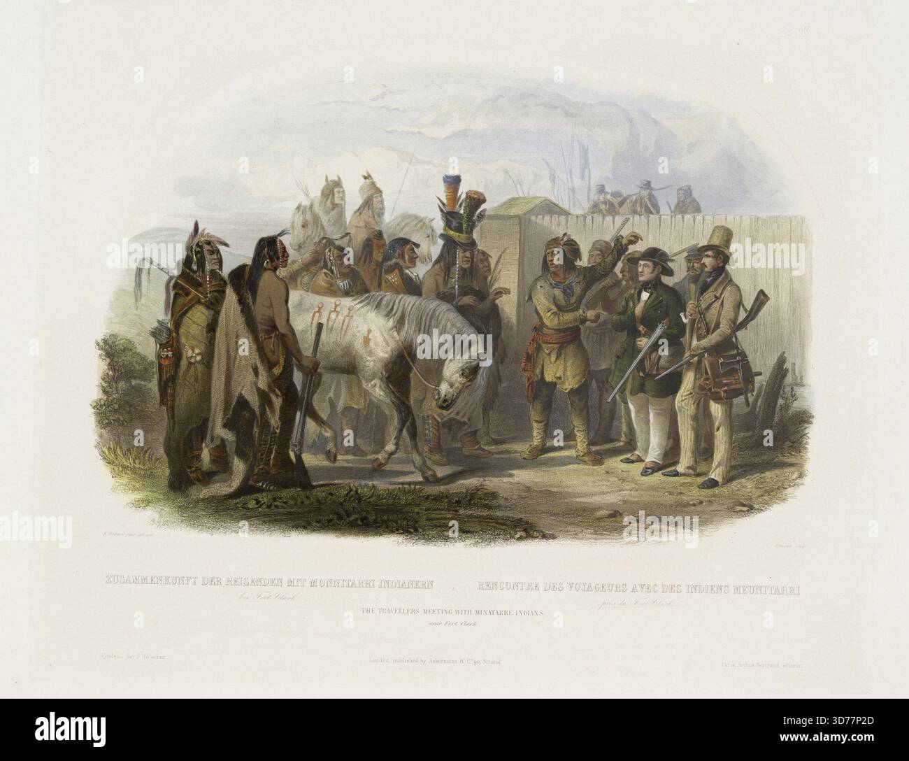 Das Kunstwerk zeigt ein Treffen zwischen Reisenden und Minatarren-Indianern in der Nähe von Fort Clark und erfasst den interkulturellen Austausch, der zwischen 1840 und 1843 stattfand. Die Szene wird in Aquatint von Karl Bodmer illustriert und zeigt die lebendigen Interaktionen und Landschaften, die für diese Ära charakteristisch sind. Das Stück wurde in Paris vom Verlag A. Bertrand herausgegeben Stockfoto