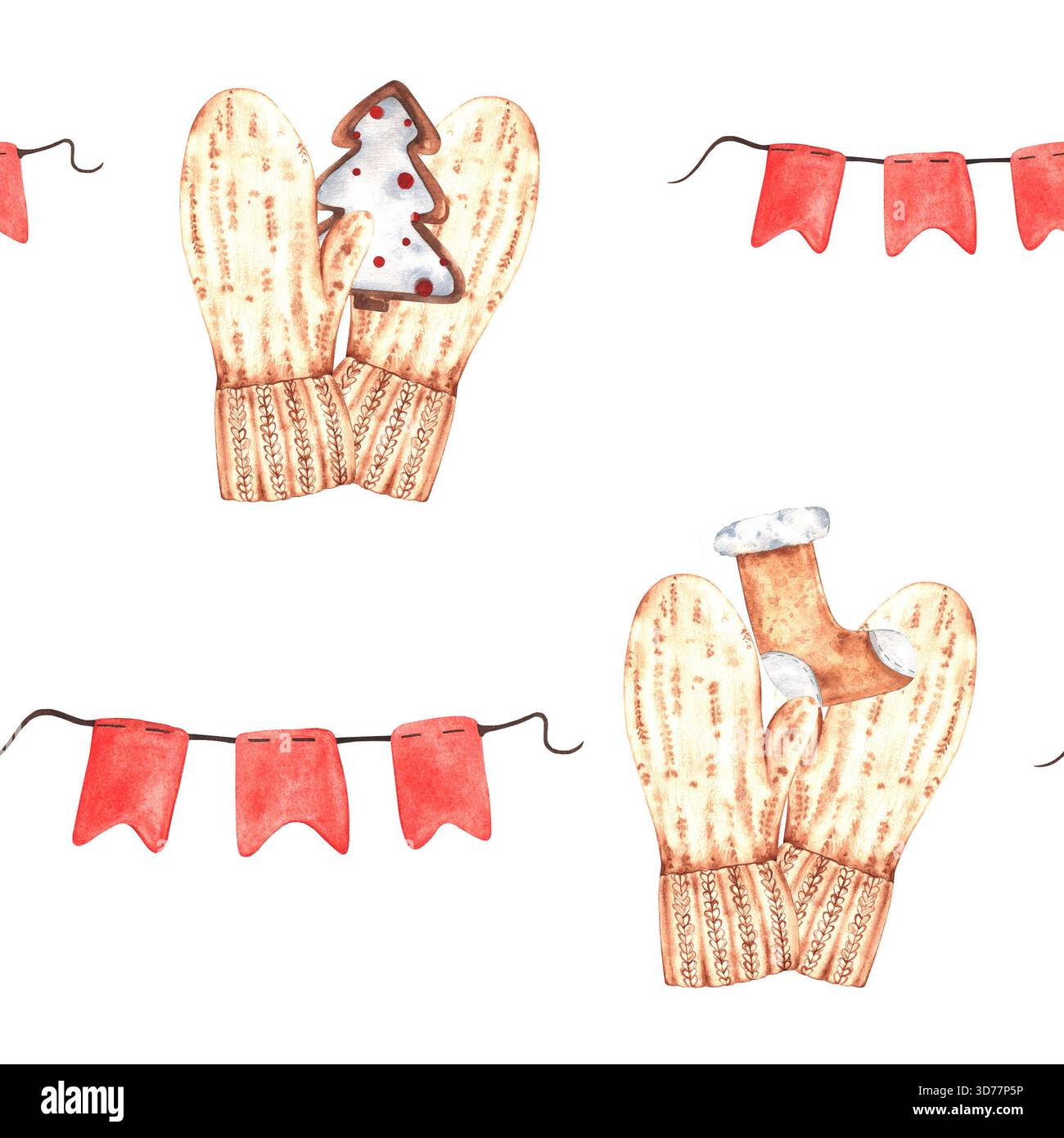Aquarell-Weihnachtsmuster mit Fäustlingen, Weihnachtsbaumschmuck, Girlande, Flaggen und Lebkuchenkeksen. Handgezeichnet. Weißer Hintergrund. Stockfoto