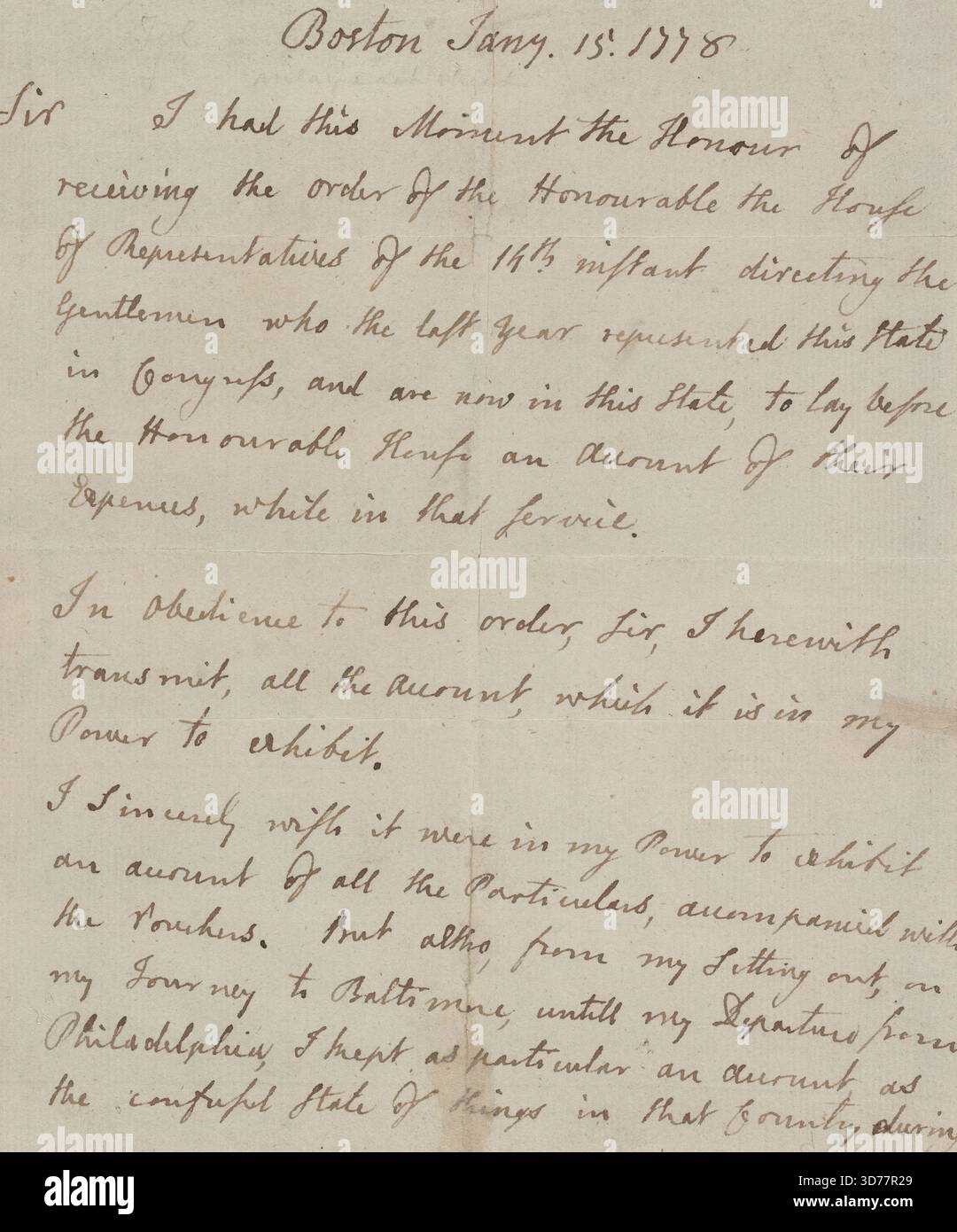 Brief an den Sprecher des Repräsentantenhauses von Massachusetts vom 15. Januar 1778 aus Boston, Massachusetts. Der Brief ist ein signierter, unterzeichneter Brief (A. L. S.) und besteht aus 3 Seiten. Es folgt eine Aufwandsrechnung für das Jahr 1777 in Höhe von insgesamt 792 £ 18s. 6d., auf 2 zusätzlichen Seiten. Das Dokument ist im Quarto-Format (4o Stockfoto