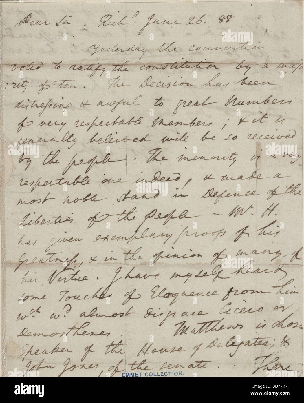 Brief an Philip Aylett, King and Queen Virginia, 26. Juni 1788, Richmond, Virginia, A. L. S. 2 S. und 1 Blatt mit Bestätigung. 4 Stockfoto